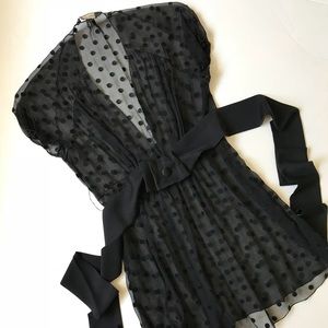 Sheer cap sleeve velvet dot blouse w belt